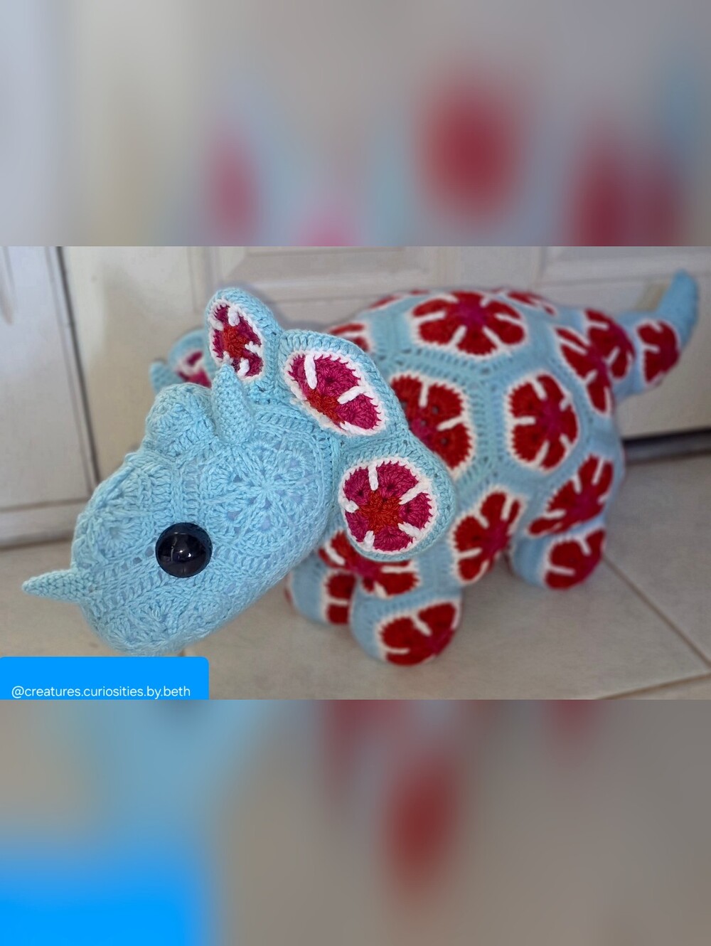 Handmade Light Blue & Red Crochet Triceratops Plush Toy
